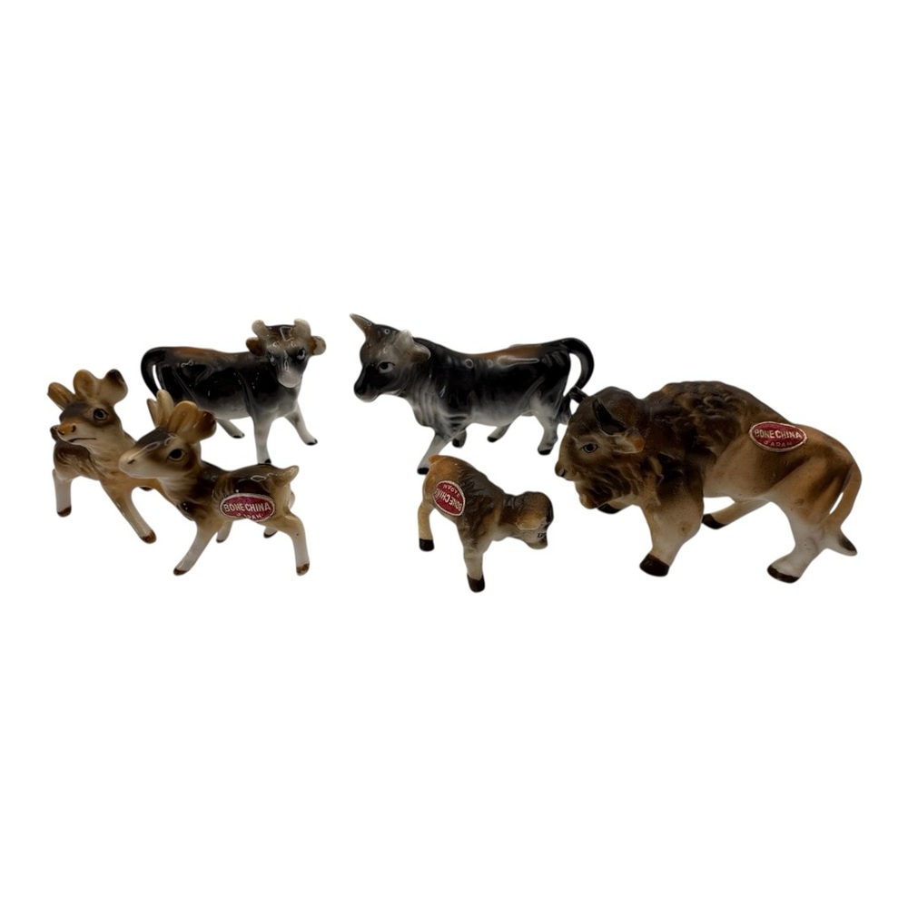 Vintage Bone China Animal Figurines Lot Japan Deer Cow Buffalo Miniatures Set 6‎